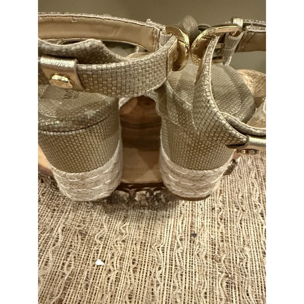 Michael Michael Kors Maxwell Mid Wedge Sandals Gold Ankle Strap Knotted